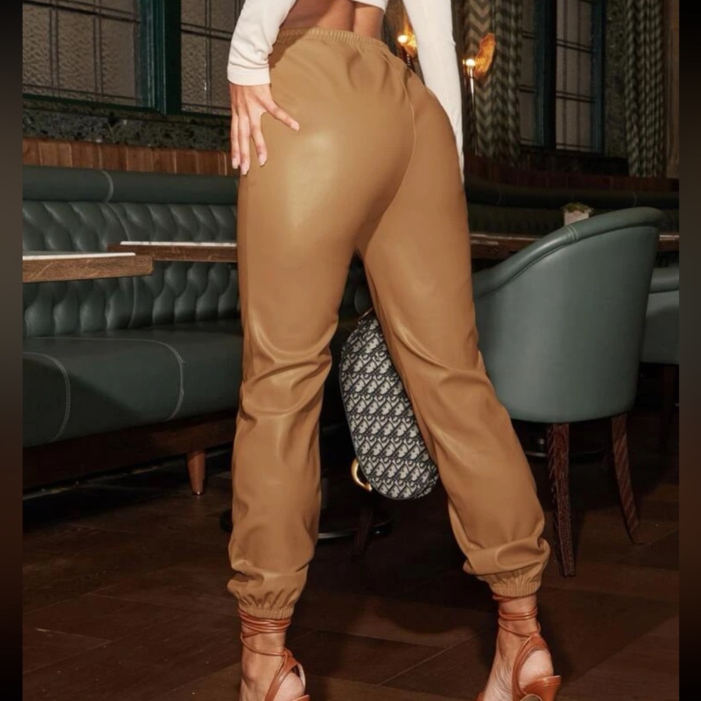 Tan / brown faux leather pants elastic ankle joggers - with elastic waistband - Picture 2 of 9